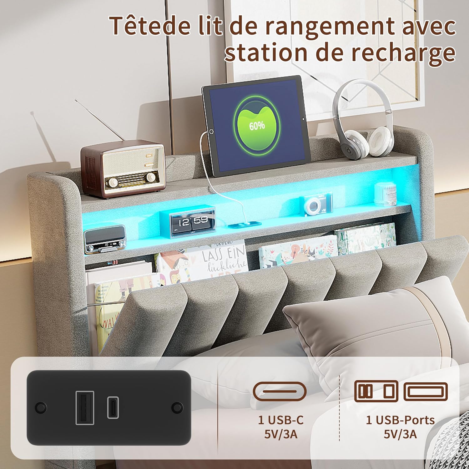 Lit Coffre 90x200 cm avec LED et Ports USB,Tête de Lits avec Rangement,Lit Double avec Sommier à Lattes, Facile à Assembler,pour Adultes et Adolescents,Velours (Gris, 90x200 cm)