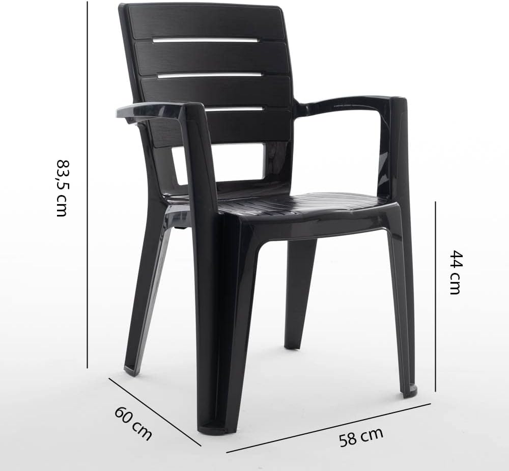 Ensemble repas de jardin ou d'extérieur pour 6 personnes anthracite effet bois, table rectangulaire en acier peint avec lattes en polyéthylène, 6 chaises empilables en polypropylène - Thomas & Anita