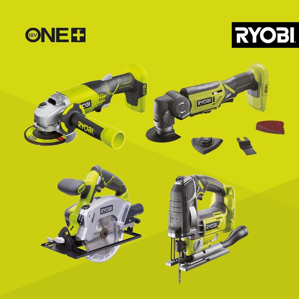 Pack 9 Outils 18V ONE+ : Perceuse, Visseuse à chocs, Meuleuse, Multi-Tools, Pistolet à Colle, Scie Circulaire, Scie Sauteuse, Lampe, Ponceuse + 2 Batteries et Chargeur - R18CK9B-252SLZ