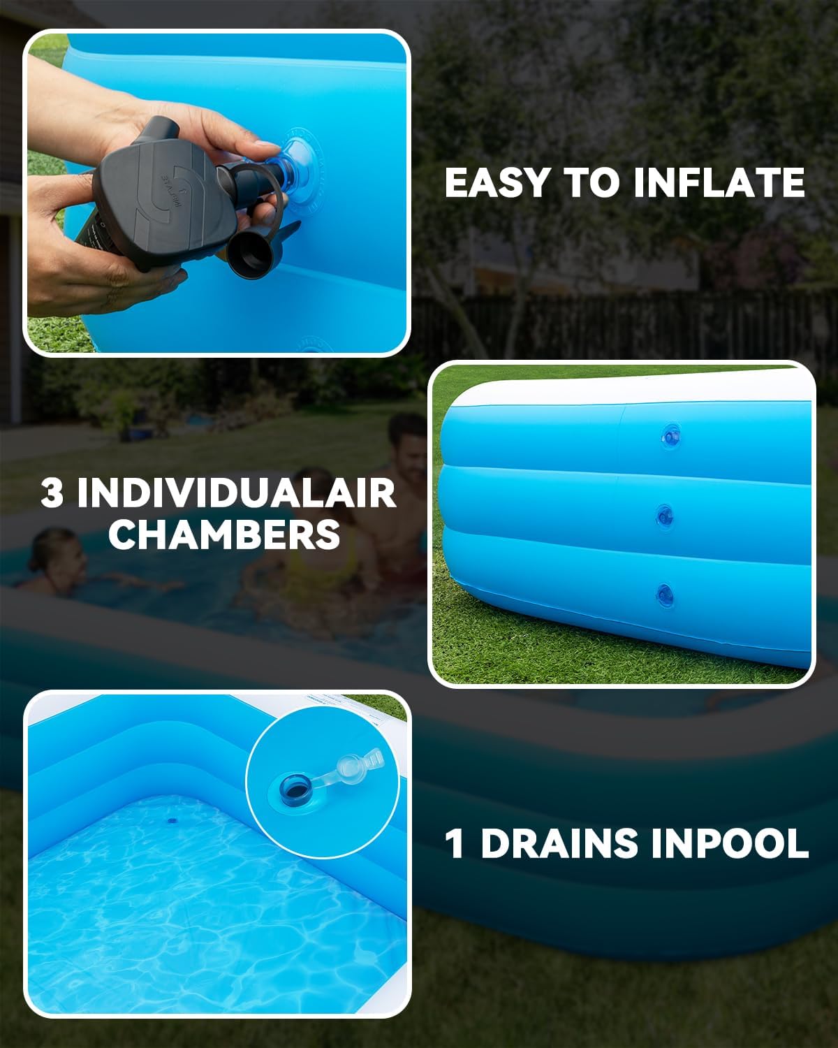 Grande piscine gonflable pour adultes, 330,2 x 182,9 x 55,9 cm, piscine gonflable épaisse avec lumières et pompe, 7 couleurs changeantes, durable, piscine familiale pour jardin, jardin extérieur