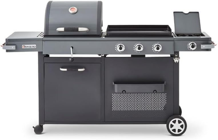 - Barbecue Bi-Energy Gun Metal XL - Barbecue Charbon et Plancha 60 x 42 cm à gaz avec brûleur latéral -12,95 KW