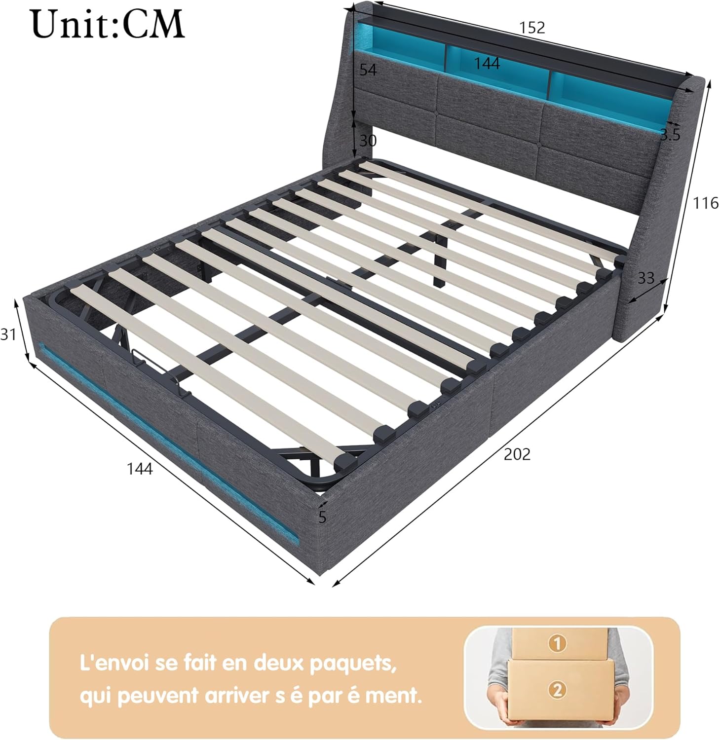 LIVLUX Lit Coffre 140x190 avec sommier LED et USB,Lit Double rembourré avec Rangement hydraulique,lit 2 Personnes pour Adultes et Adolescents,Lin Gris Clair, 140 x 190 cm