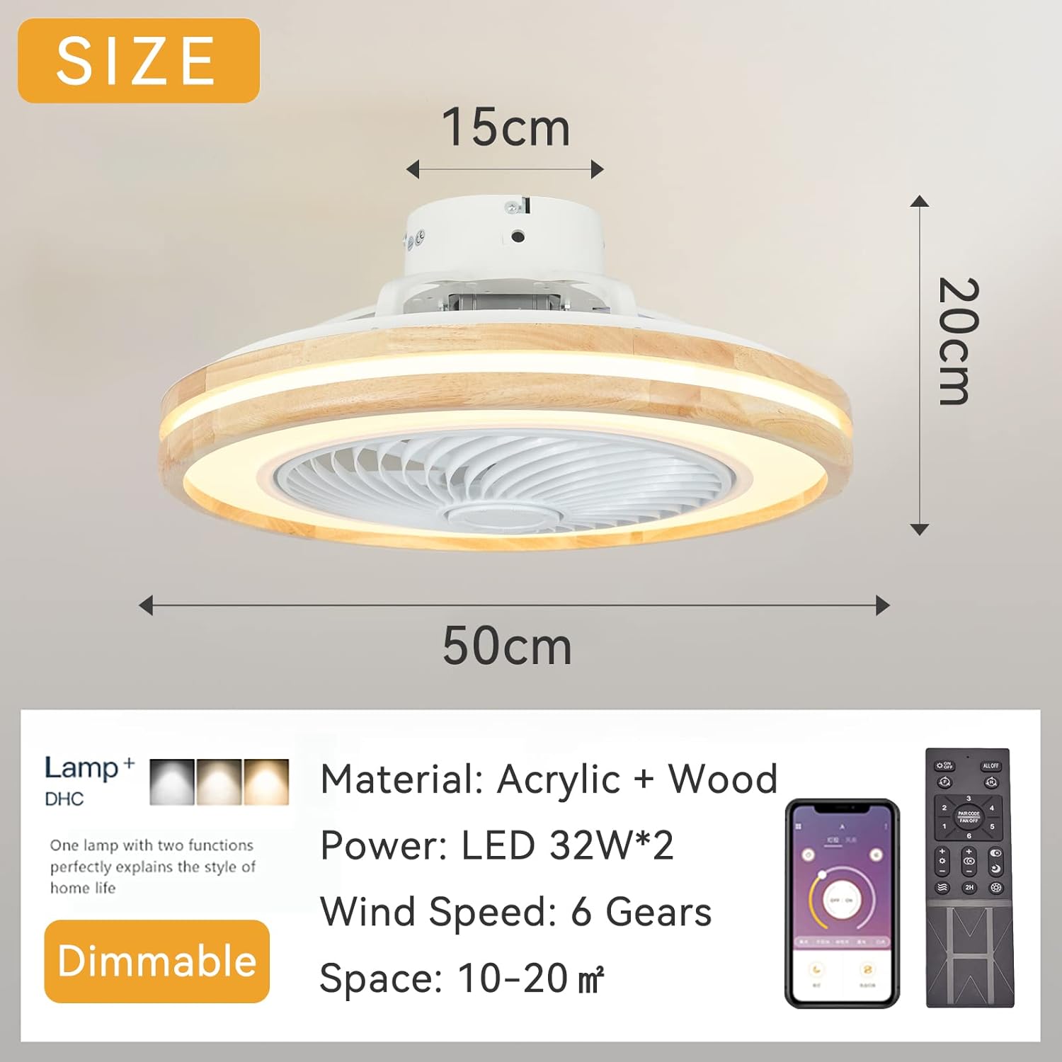 LJX Ventilateurs de Plafond avec Lumières Bois et Télécommande Plafonnier Ventilateur Design Sans Pales Été Et Hiver Réversible 6 Vitesses Moteur DC Gradable Ventilo Plafond Silencieux Pour Chambre
