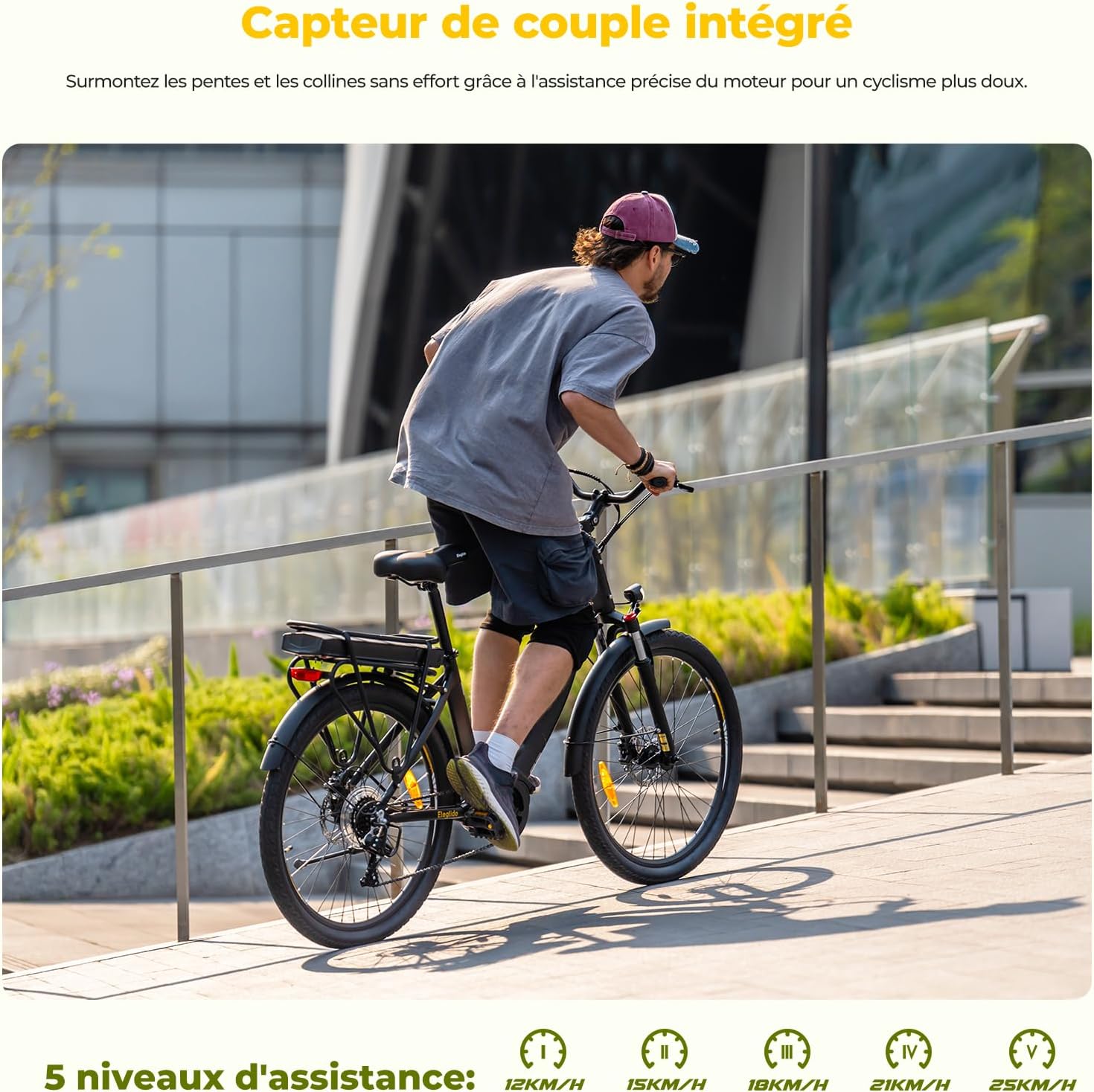 Eleglide C2 Vélo Électrique Adulte, 100Km Autonomie, Batterie Amovible, Freins Hydrauliques, Suspension Avant, 7 Vitesses, Vélo électrique à Moteur Central, Confortable pour Ville/Trekking