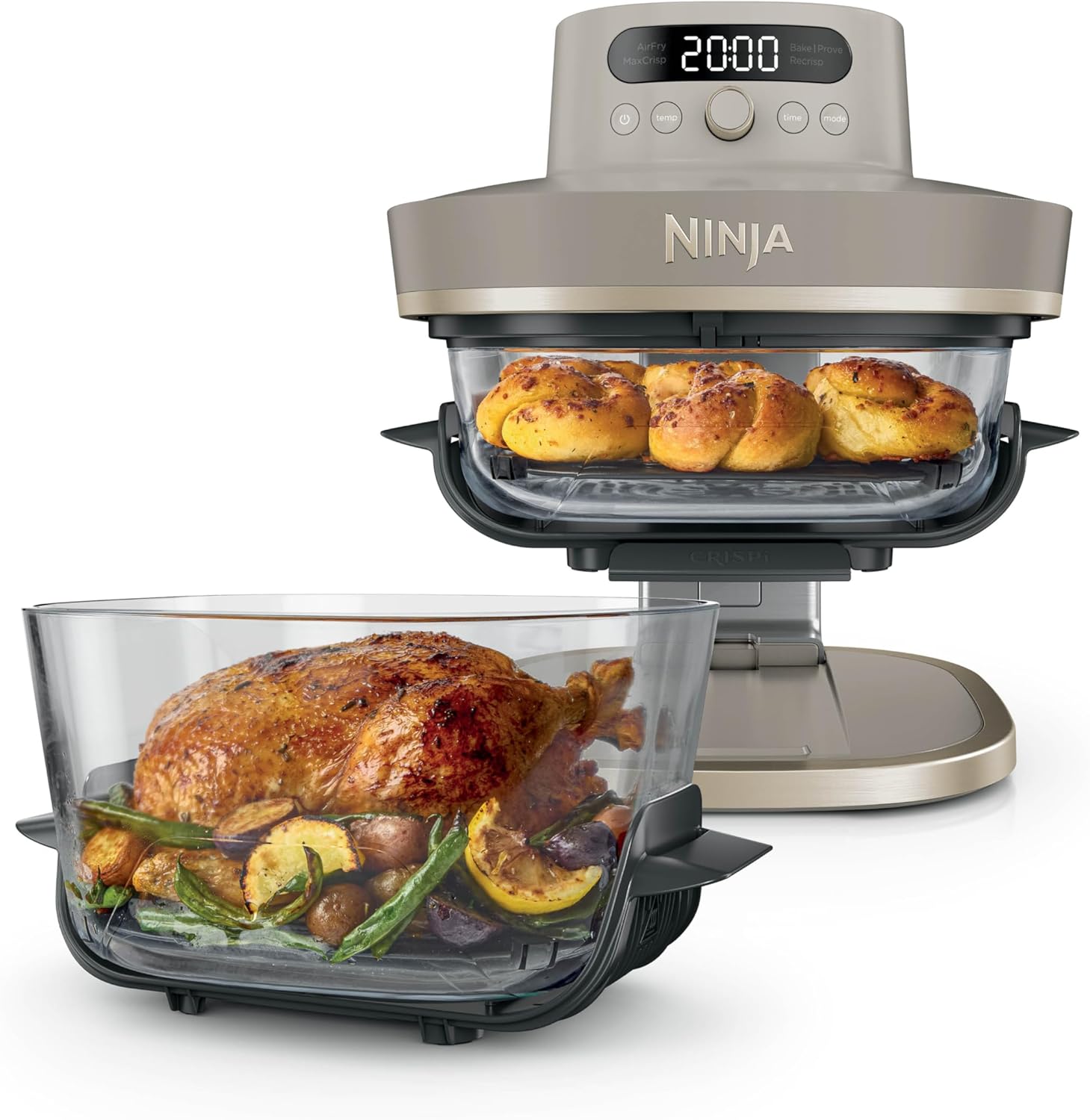Ninja CRISPi PRO XL, Friteuse sans huile en verre, 5 modes de cuisson prédéfinis, avec contenants en verre CleanCrisp de 5,7 l et 2,3 l, couvercles de rangement, Stone/Or AS090EUSD