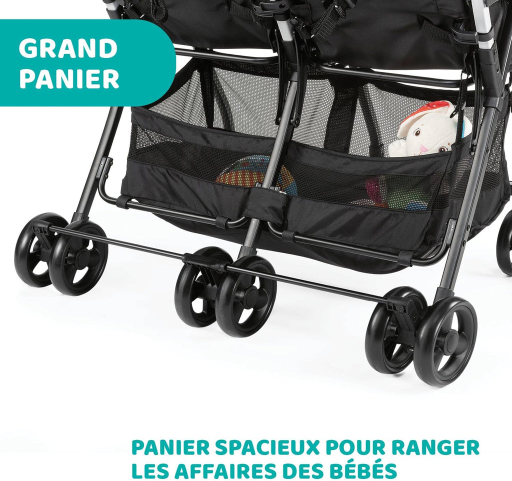 Chicco OHlalà Poussette Double Tandem, Légère Inclinable et Pliable, pour Jumeaux dès la Naissance jusqu'à 15 kg, Fermeture Compacte, Housse de Pluie Incluse, Capote Extensible – Noir