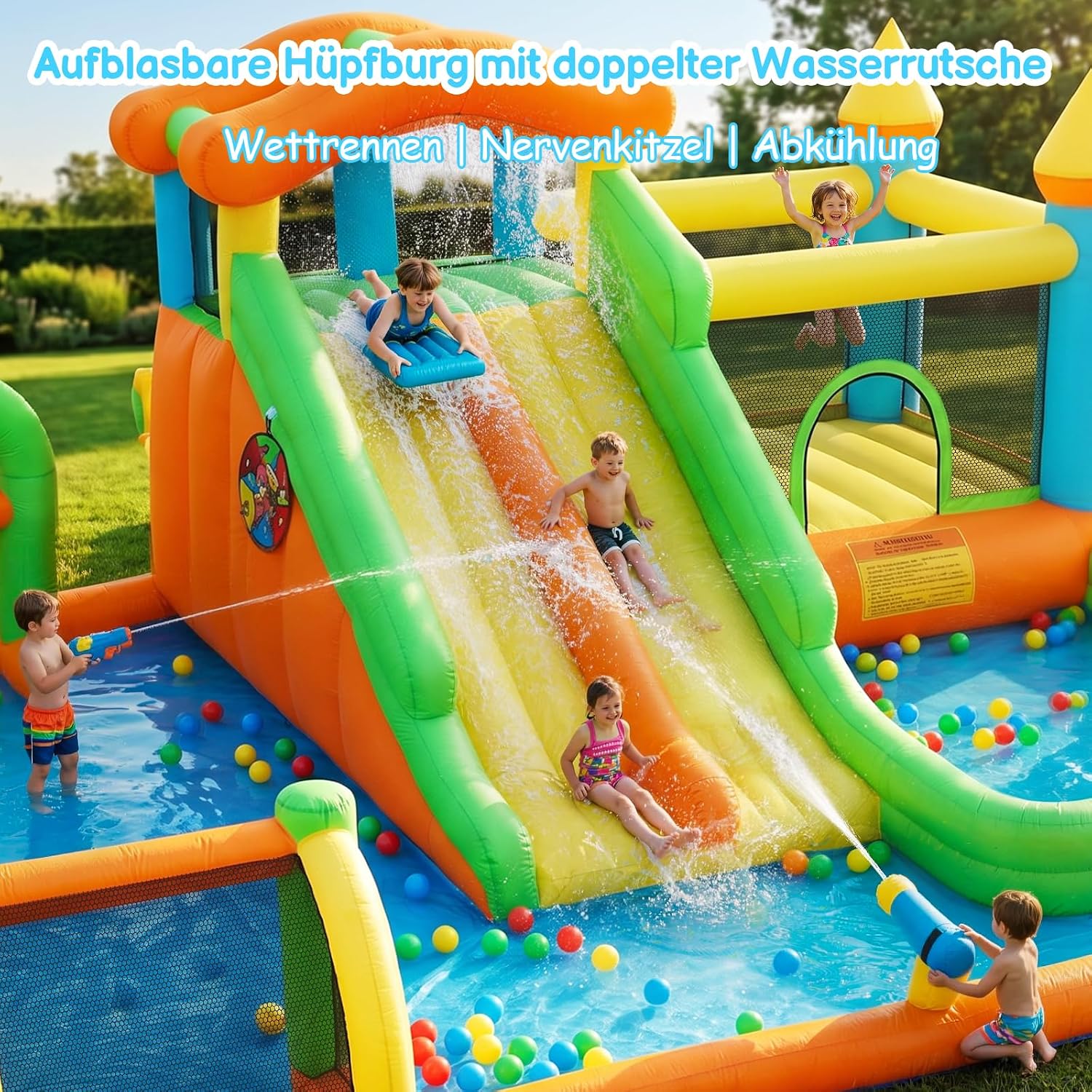 FOOING Grand toboggan aquatique gonflable avec 2 toboggans et pataugeoire pour enfants – Château rebondissant avec deux voies pour les fêtes de jardin et de cour, plaisir d'été en plein air