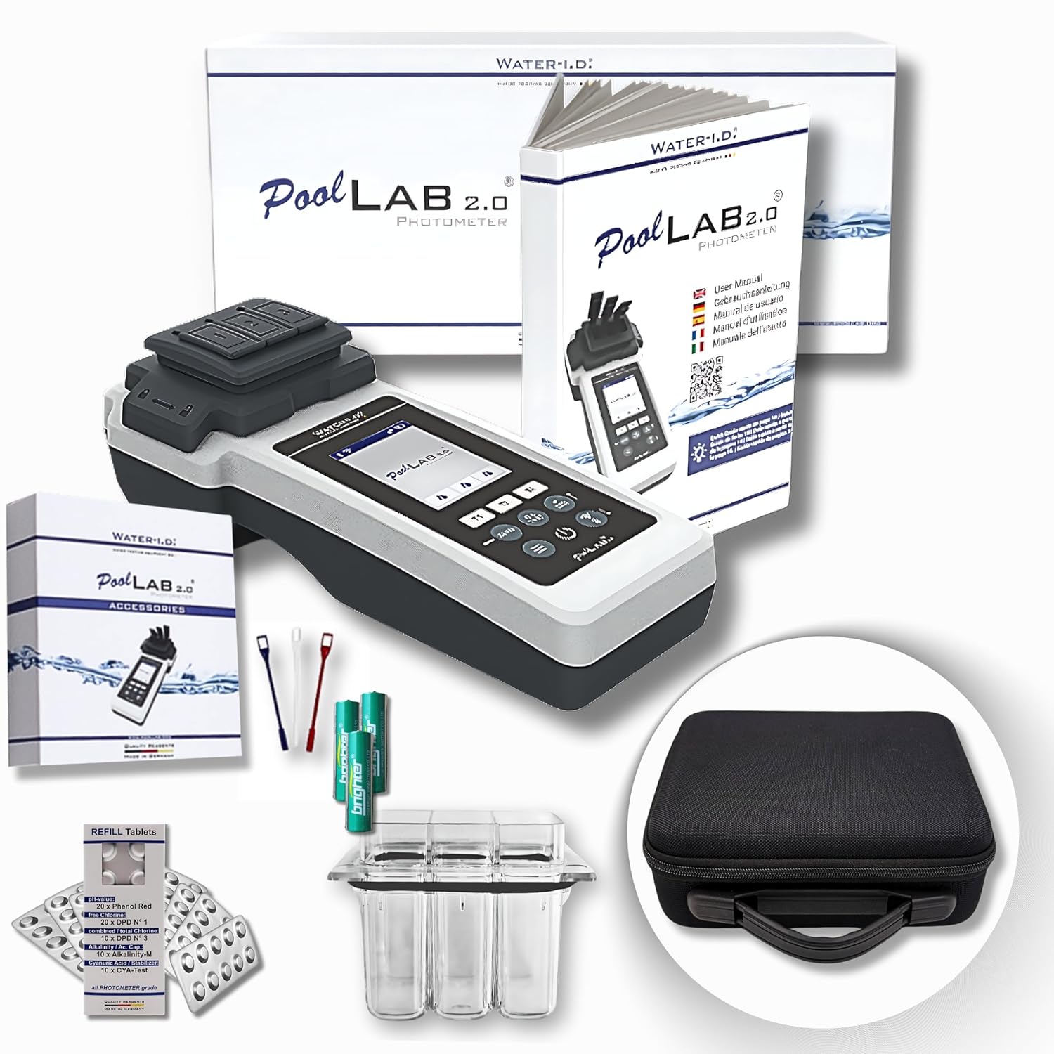 PoolLab 2.0 avec 70 pastilles de test et sac, édition spéciale pour MediMuc - 24 paramètres - App, logiciel - Mesure jusqu'à 3 paramètres dans un test + mallette de rangement vide