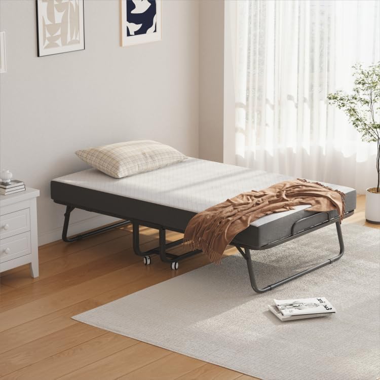 CAIYUN Lit Pliant 1 Personne 100 x 190 cm Lit Pliable Adulte avec Matelas en Mousse de 13 cm, Lit d'Appoint Pliable à 4 roulettes et Sommier à Lattes en Métal pour Invités, Charge 200 kg, Noir