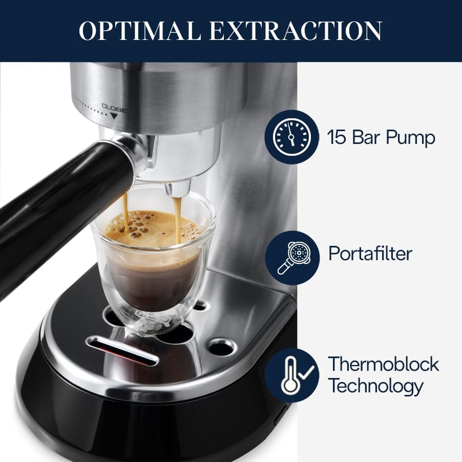 De'Longhi Dedica Espresso Machine, Coffee and Cappucino Maker with Milk Frother, Metal / Stainless, Compact Design 6 in Wide, Fit Mug Up to 5 in, EC680M
