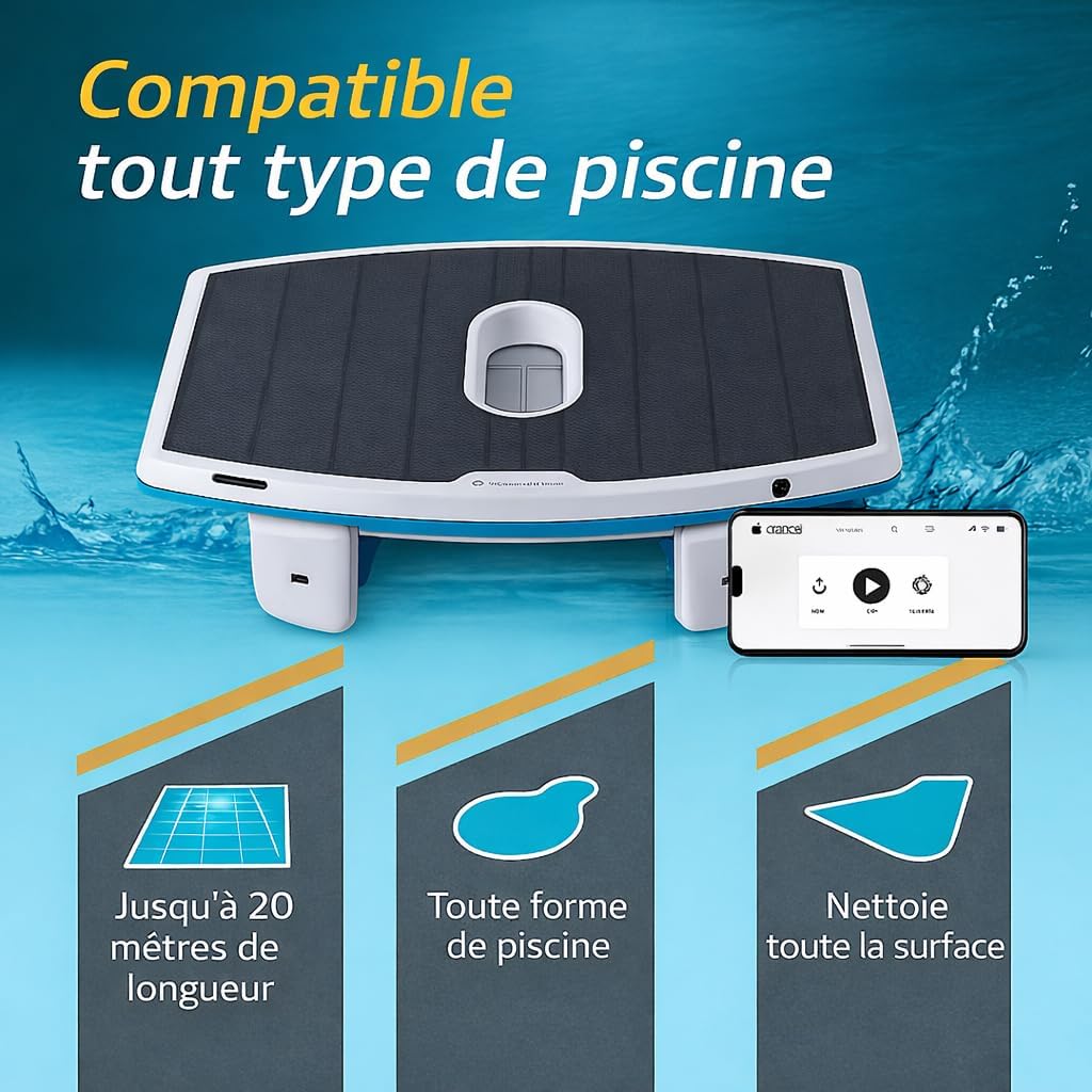 Dolphin Skimmi Robot Nettoyeur Skimmer de Piscine, Nettoie la Surface de l’Eau avec Son Panneau Solaire Intelligent, Contrôle par Application, Filtration Fine