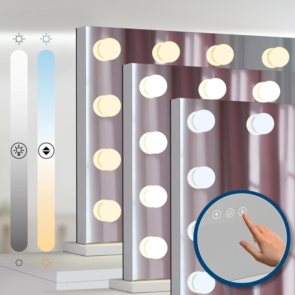 CLP Coiffeuse Tiline Miroir Hollywood Éclairage LED 9 Tiroirs Plateau Verre Prise USB Blanc