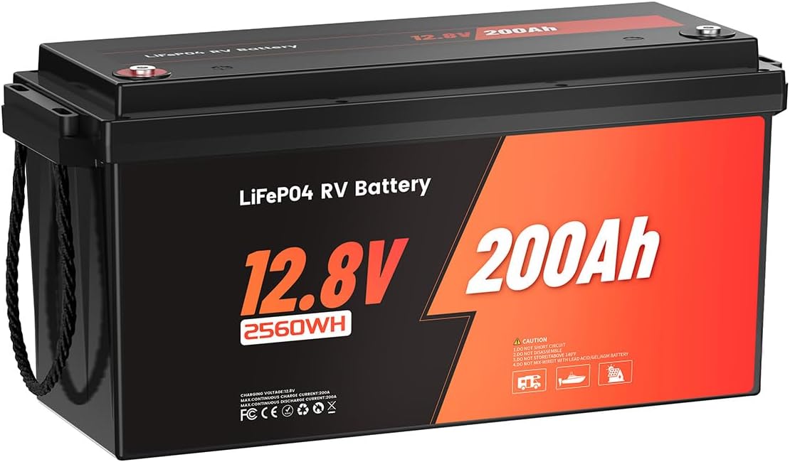 Batterie LiFePO4 12V 200Ah, Batterie Lithium avec 98% Efficacité, BMS 200A, IP65, 4500-16000 Cycles, Autodécharge 3% pour Systèmes Solaires, Applications Marines et Hors-Réseau