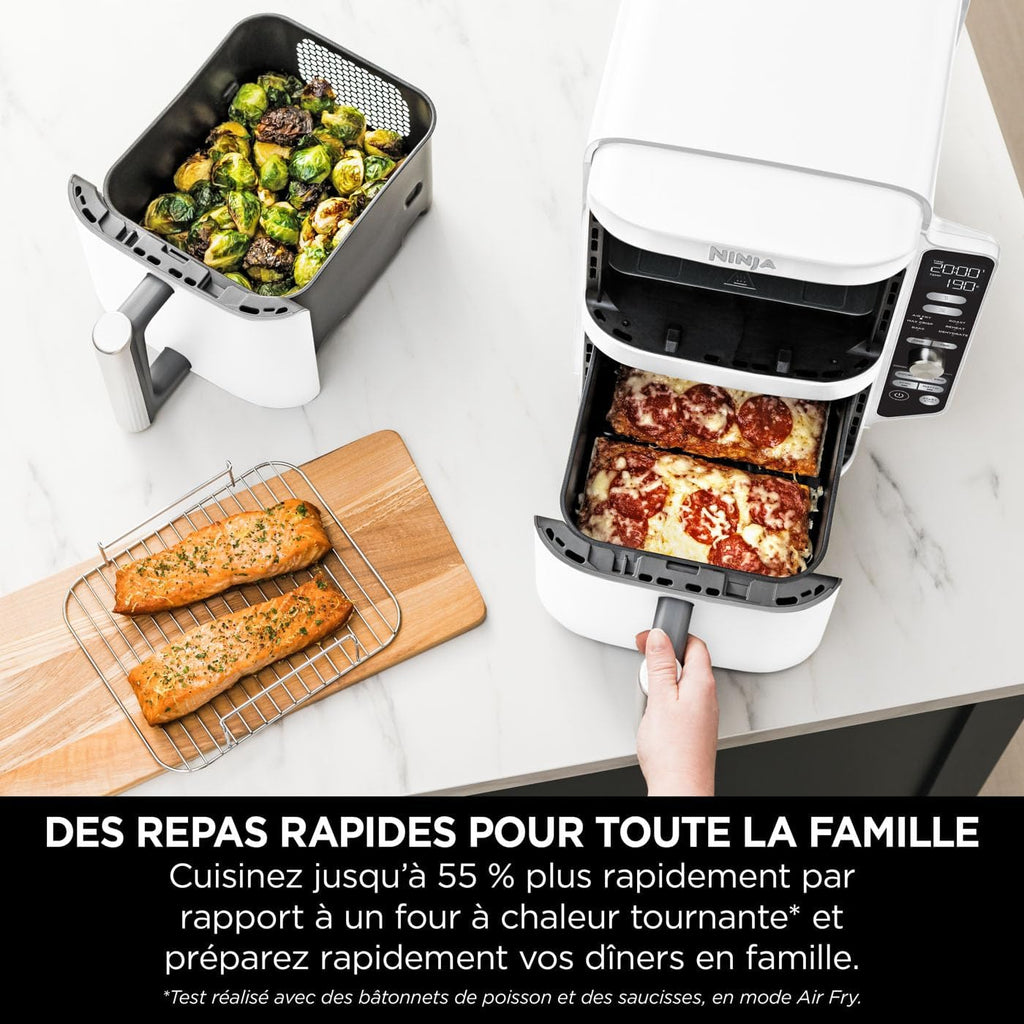 NINJA Double Stack XL Air Fryer, Friteuse sans huile Verticale Double Tiroir 4 Niveaux de Cuisson, 2 Tiroirs, 2 Grilles, Capacité de 9,5 L, 6 Fonctions, 8 Portions, Pinces, Blanc SL400EUWH