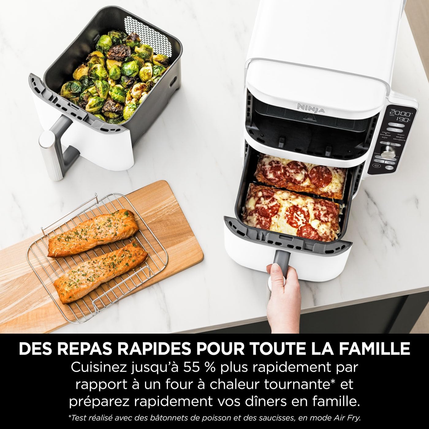 NINJA Double Stack XL Air Fryer, Friteuse sans huile Verticale Double Tiroir 4 Niveaux de Cuisson, 2 Tiroirs, 2 Grilles, Capacité de 9,5 L, 6 Fonctions, 8 Portions, Pinces, Blanc SL400EUWH