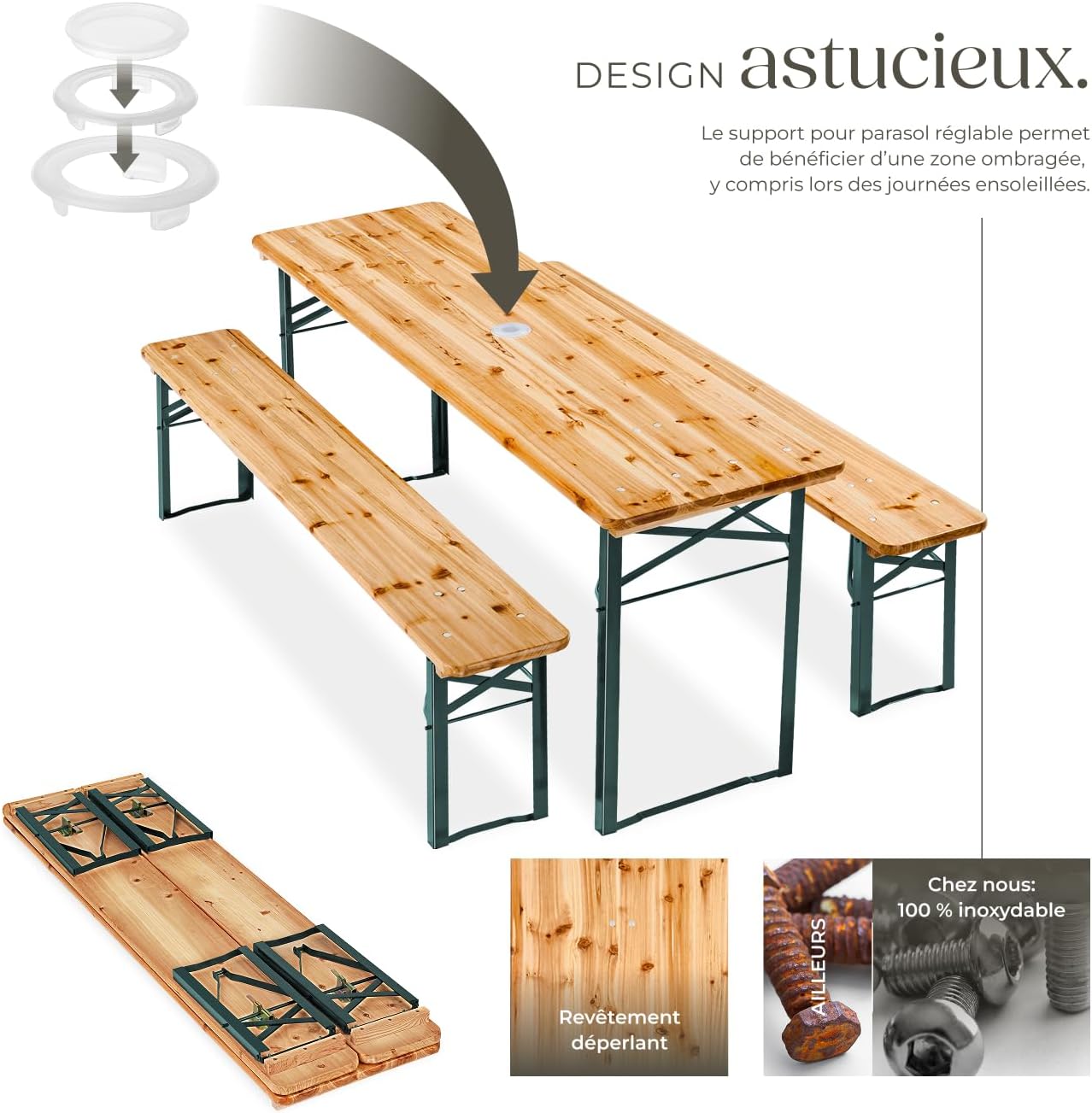 tectake® Ensemble de Table extérieure et Banc en Bois de Brasserie 3 pcs. Salon de Jardin Pliable & Peu encombrant, avec Support Parasol, Mobilier Solide pour Pique Nique Réceptions Barbecue Mariage