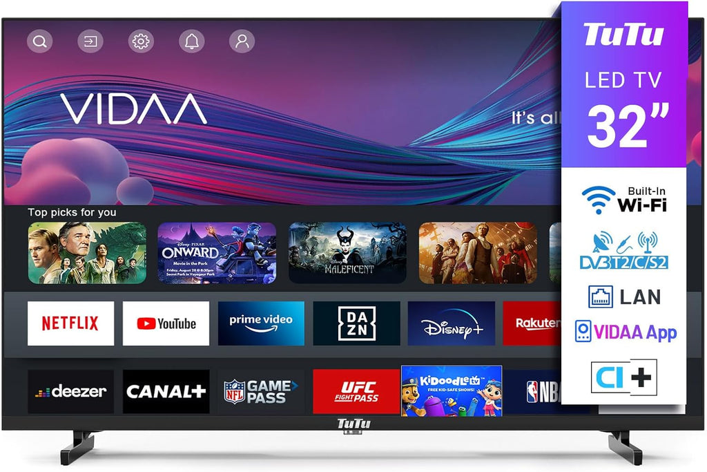 TuTu Smart TV 32 Pouces (80 cm) WiFi VIDAA Connectée Télévision sans Bord avec Triple Tuner(DVB-C/S2/-T2), VIDAA Remote App, Molotov, Netflix, Prime Video, Disney+, Youtube (TUV32HQ1B, 2024)