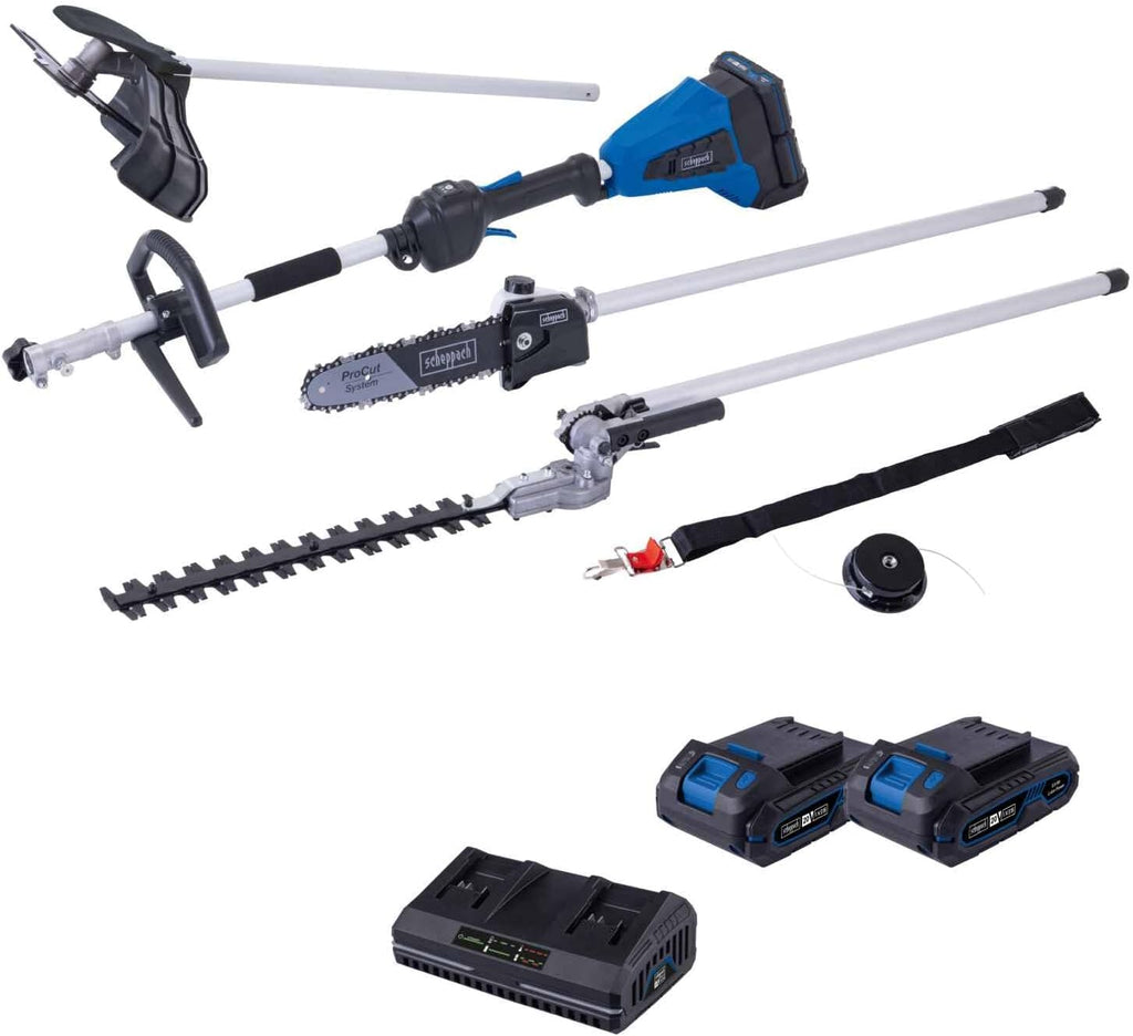 Scheppach Appareil multifonction 4 en 1 BC-MFH400-X 20V Brushless Multigarten, débroussailleuse, taille-haie, haute série 20V-IXES | avec batterie de 2 Ah et double chargeur