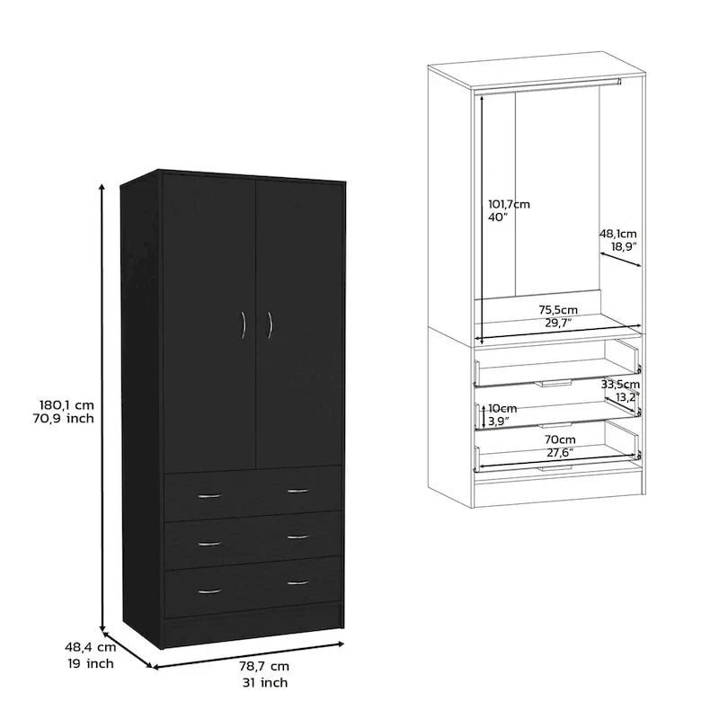 19  Modern Double-door Armoire with 3 Drawers and 1 Hanging Rod for Bedroom