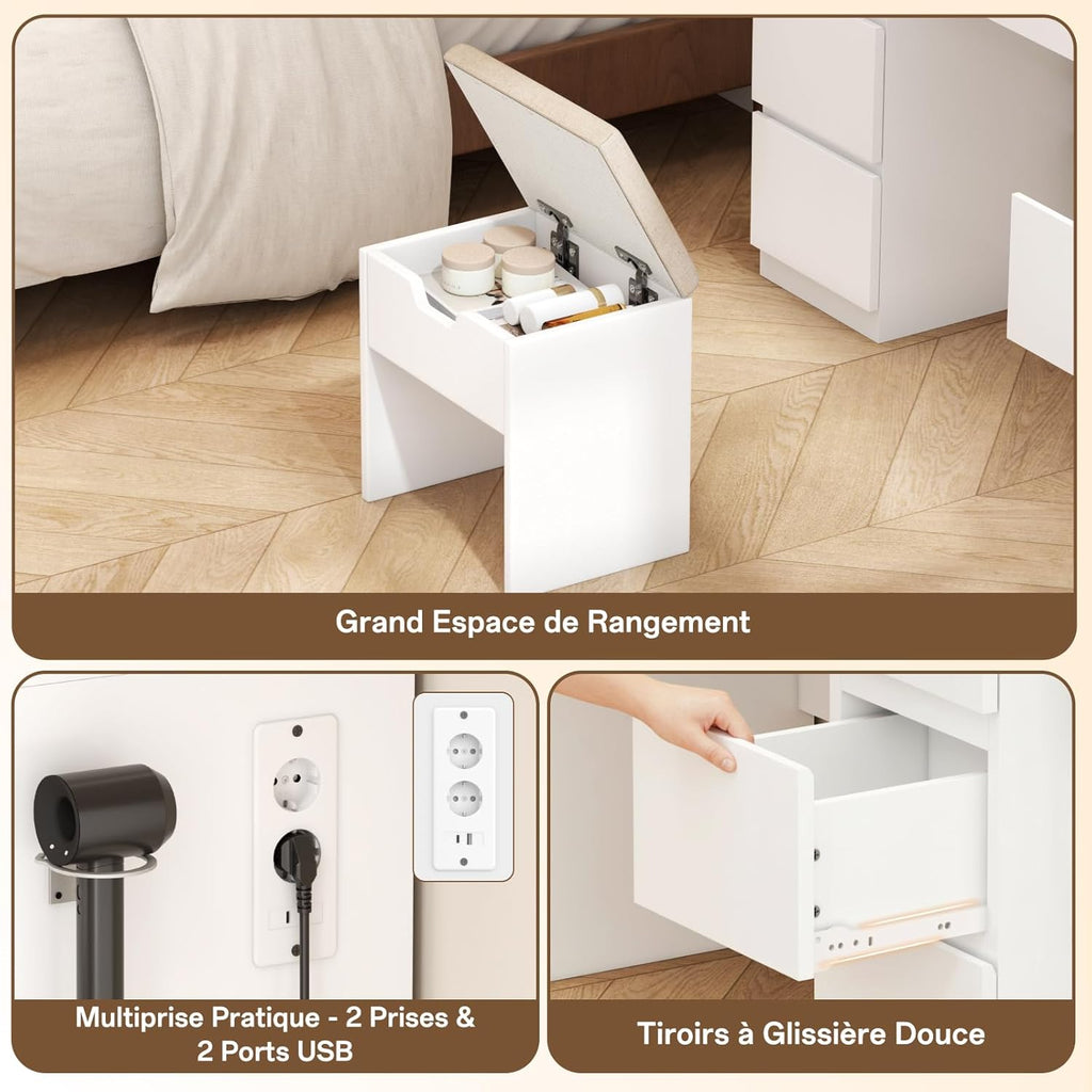 TRIUMPHKEY Coiffeuse avec Miroir et Tabouret Table de Maquillage avec Miroir LED Grand Format à Luminosité Réglable, 7 Tiroirs et Prise de Courant, Meuble de Maison, Blanc