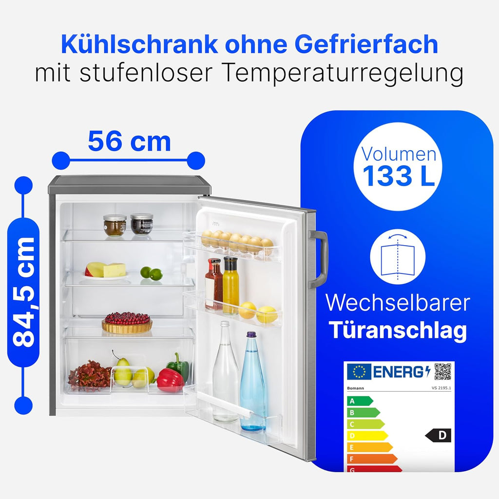 Réfrigérateur 133L inox VS2195-1-inox, Capacité nette : 133 litres, Éclairage intérieur à DEL, Contrôle de la température en continu, 3 clayettes en verre