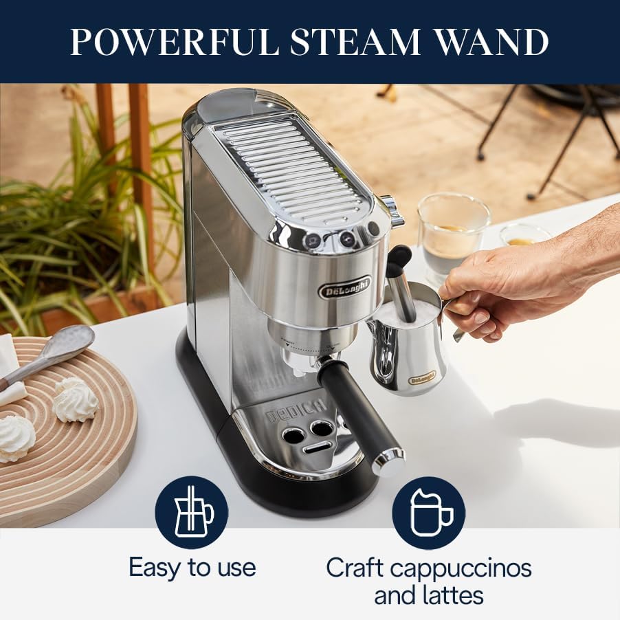 De'Longhi Dedica Espresso Machine, Coffee and Cappucino Maker with Milk Frother, Metal / Stainless, Compact Design 6 in Wide, Fit Mug Up to 5 in, EC680M