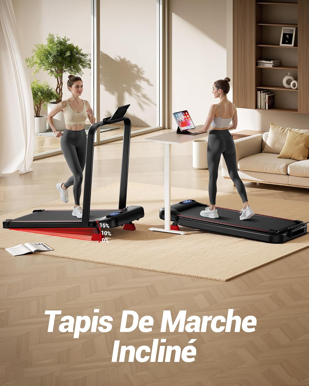 UMAY Tapis de Course Pliable Inclinable 15%, Tapis de Marche Inclinable 6 en 1 avec Moteur Silencieux, Walking Pad,136KG