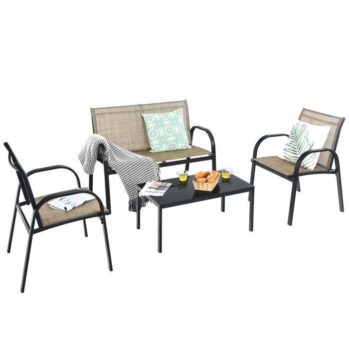 COSTWAY Ensemble Salon de Jardin 4 Places, 2 Fauteuils, 1 Canapé et 1 Table Basse en Verre, Tissu Respirant Anti-UV, Noir