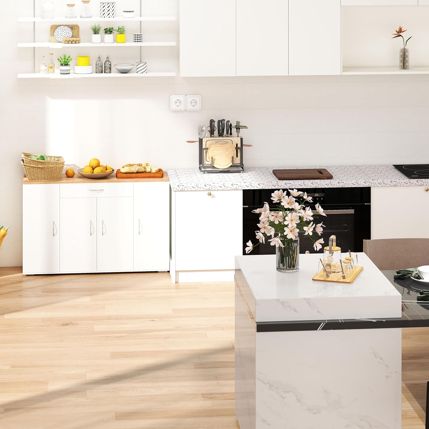 Meuble Cuisine Rangement avec Plan de Travail avec 4 Portes et 1 tiroir, Meuble de Rangement Cuisine Blanche Moderne