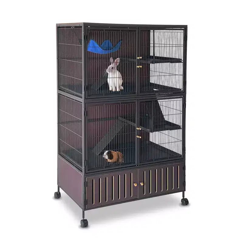 Small Animal Cage, Ferret Cage - 59'' 5-Tier Habitat with Storage Cabinet, Includes Hammock/Wheels/Removable Ramps/Easy-Clean Trays