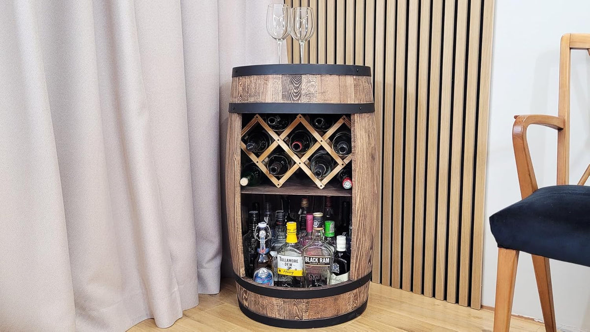 weeco Tonneau Bar en Bois avec Éclairage LED – Casier à Vin avec 2 Étagères et Porte-Bouteilles – Bar Rustique pour Salon ou Cave à Vin – Décoration Vintage – 80x50cm Marron