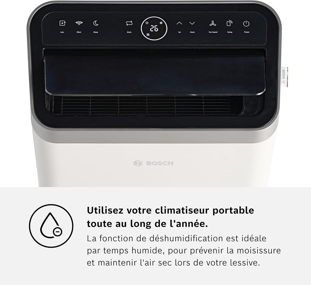 Bosch Cool 4000 Portable AC - 3 en 1 Climatiseur, Déshumidificateur, Ventilateur - 2,6 kW pour les pièces jusqu'à 35m² - Avec Mode Auto, Mode Silencieux et Mode Veille (48 db (A)) [Classe A+]
