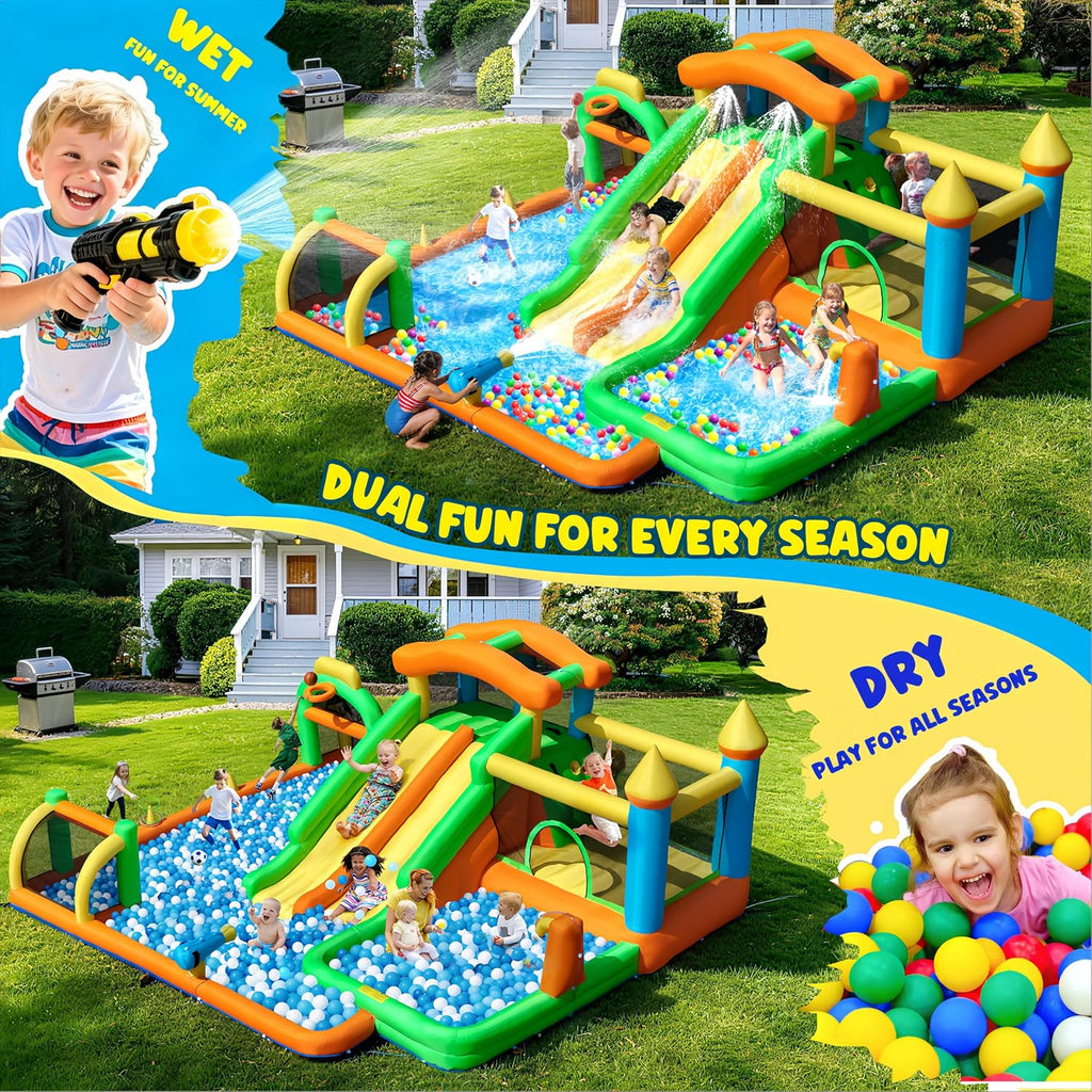 FOOING Grand toboggan aquatique gonflable avec 2 toboggans et pataugeoire pour enfants – Château rebondissant avec deux voies pour les fêtes de jardin et de cour, plaisir d'été en plein air