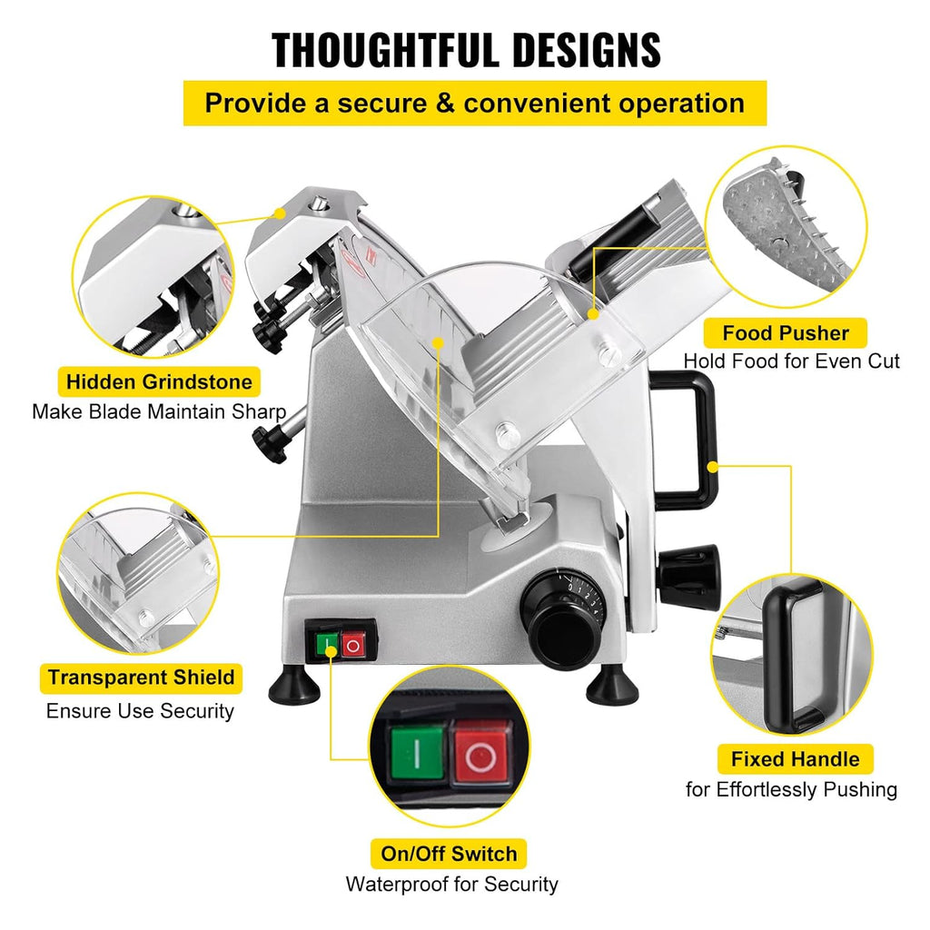 VEVOR Trancheuse Électrique Commerciale 200 W Trancheuse à Jambon Lame 203 mm 350-400 tr/min Trancheuse Charcuterie en Acier Inoxydable et Alu pour Couper en Tranches Viande Fromage Légumes Fruits