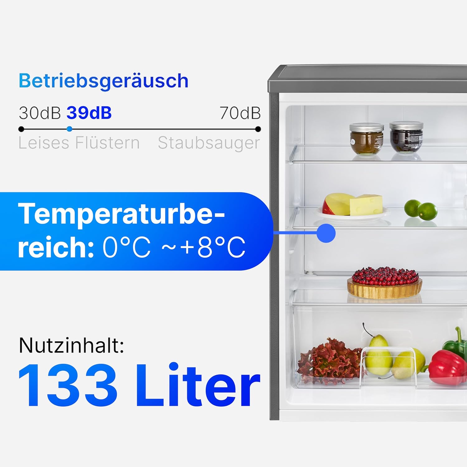 Réfrigérateur 133L inox VS2195-1-inox, Capacité nette : 133 litres, Éclairage intérieur à DEL, Contrôle de la température en continu, 3 clayettes en verre