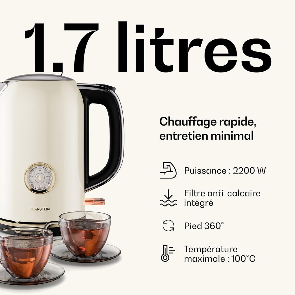 Klarstein Victoria Set Petit-Déjeuner Complet – Grille-Pain 2 Fentes 7 Niveaux, Bouilloire Électrique 1,7L, Cafetière Filtre 12 Tasses, Design Rétro, Support à Petits Pains, Cream