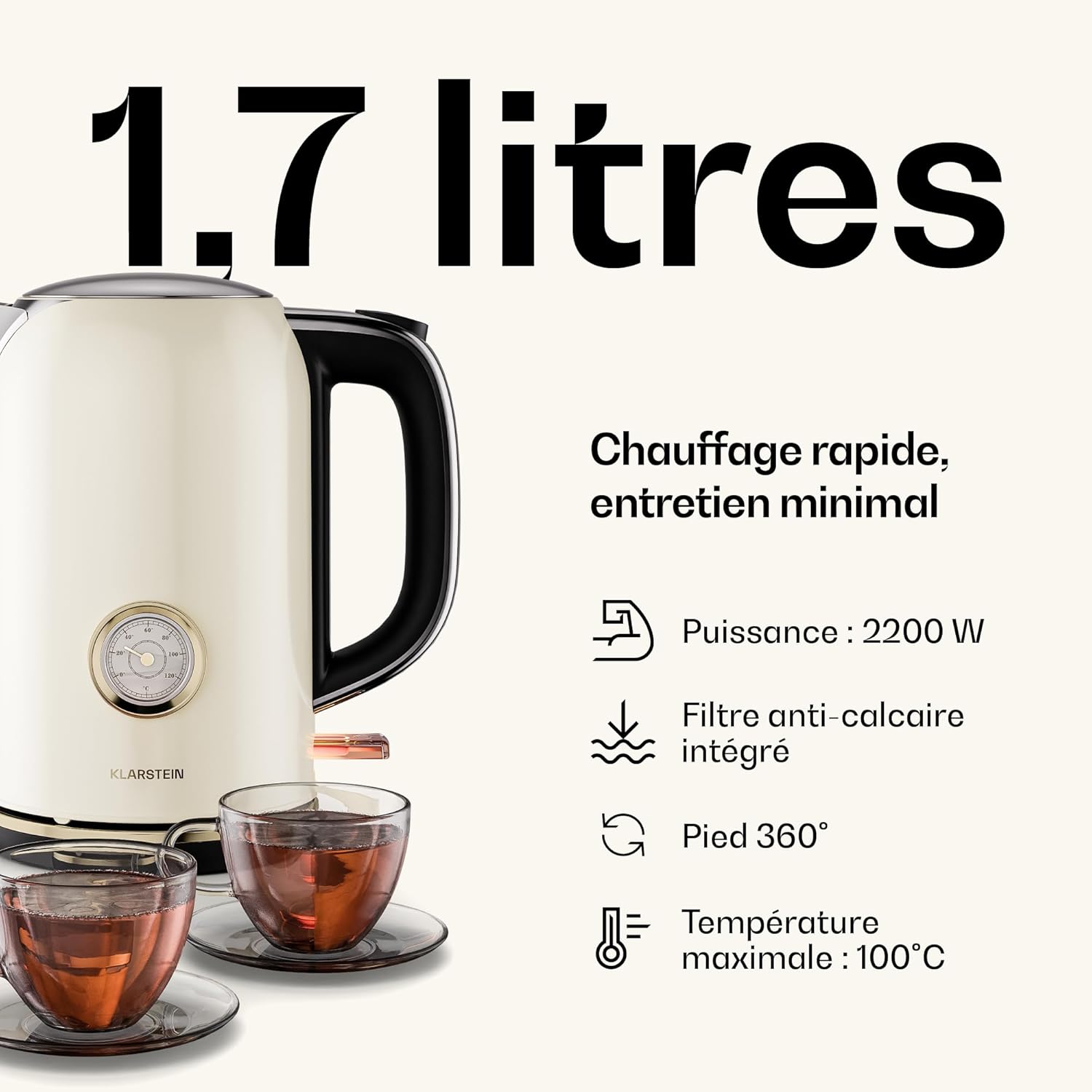Klarstein Victoria Set Petit-Déjeuner Complet – Grille-Pain 2 Fentes 7 Niveaux, Bouilloire Électrique 1,7L, Cafetière Filtre 12 Tasses, Design Rétro, Support à Petits Pains, Cream