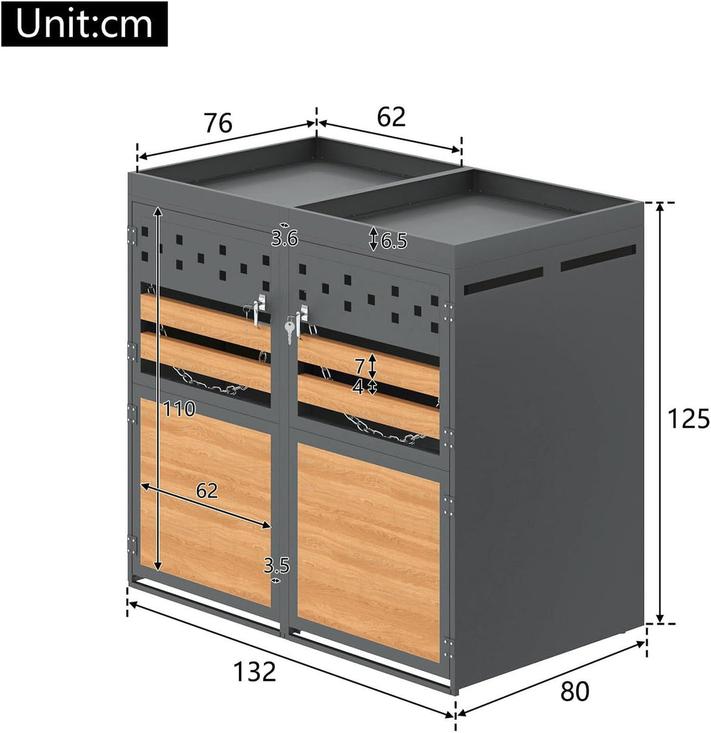 Billg Cache Poubelle Extérieur Double, Abri pour 2 Poubelles de 120-240 L, Antirouille Habillage de Poubelle avec Toit Végétal et 2 Portes avec Poignées Verrouillable, Acier Galvanisé, Anthracite