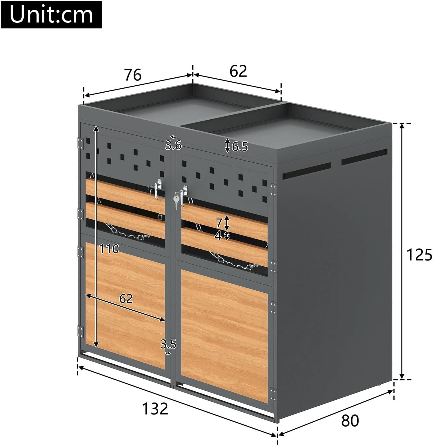 Billg Cache Poubelle Extérieur Double, Abri pour 2 Poubelles de 120-240 L, Antirouille Habillage de Poubelle avec Toit Végétal et 2 Portes avec Poignées Verrouillable, Acier Galvanisé, Anthracite