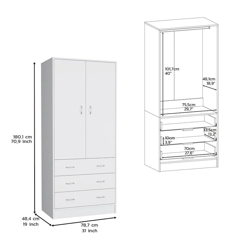 19  Modern Double-door Armoire with 3 Drawers and 1 Hanging Rod for Bedroom