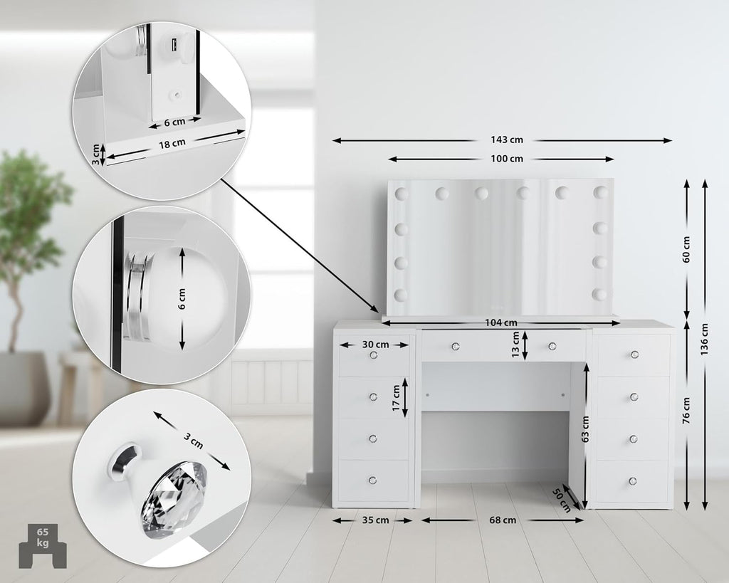 CLP Coiffeuse Tiline Miroir Hollywood Éclairage LED 9 Tiroirs Plateau Verre Prise USB Blanc