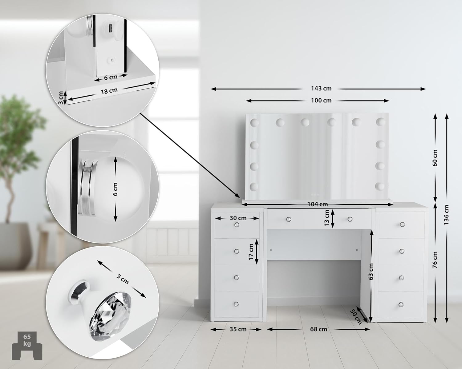 CLP Coiffeuse Tiline Miroir Hollywood Éclairage LED 9 Tiroirs Plateau Verre Prise USB Blanc