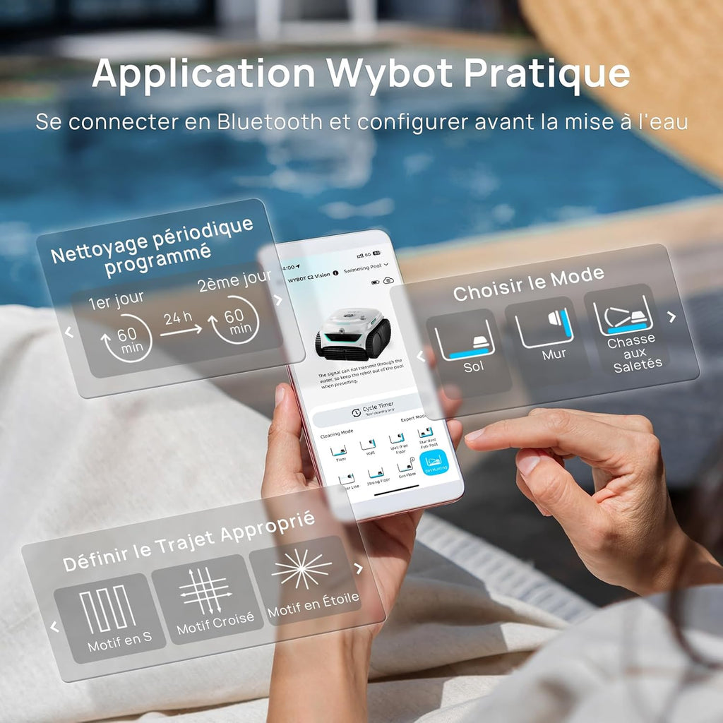 WYBOT (Nouveau Modèle) Robot Piscine sans Fil C2 Vision-A avec caméra IA, Filtration Ultra-Fine, Forte Aspiration, Nettoyage Fond/parois & Ligne d’Eau, Navigation Intelligente – Blanc