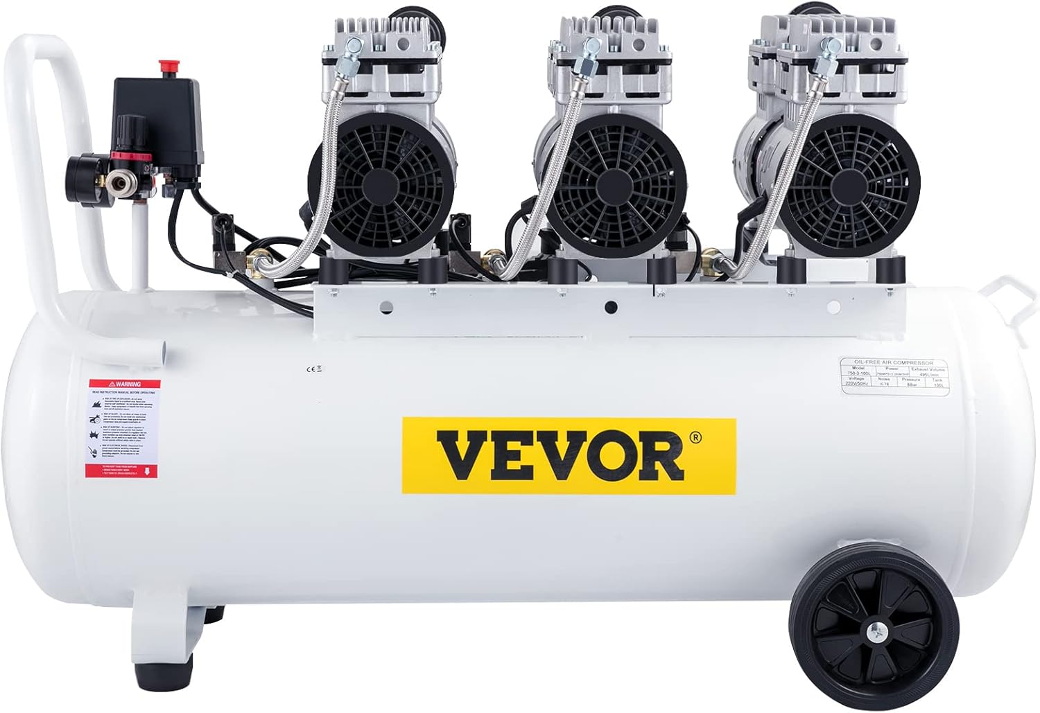 VEVOR Compresseur d’Air sans Huile Compresseur Silencieux à Air Comprimé Compresseur Outil d’Atelier pour Réparations Domiciliaires, Gonflage de Pneus (100L 2.2KW, Électrovanne)