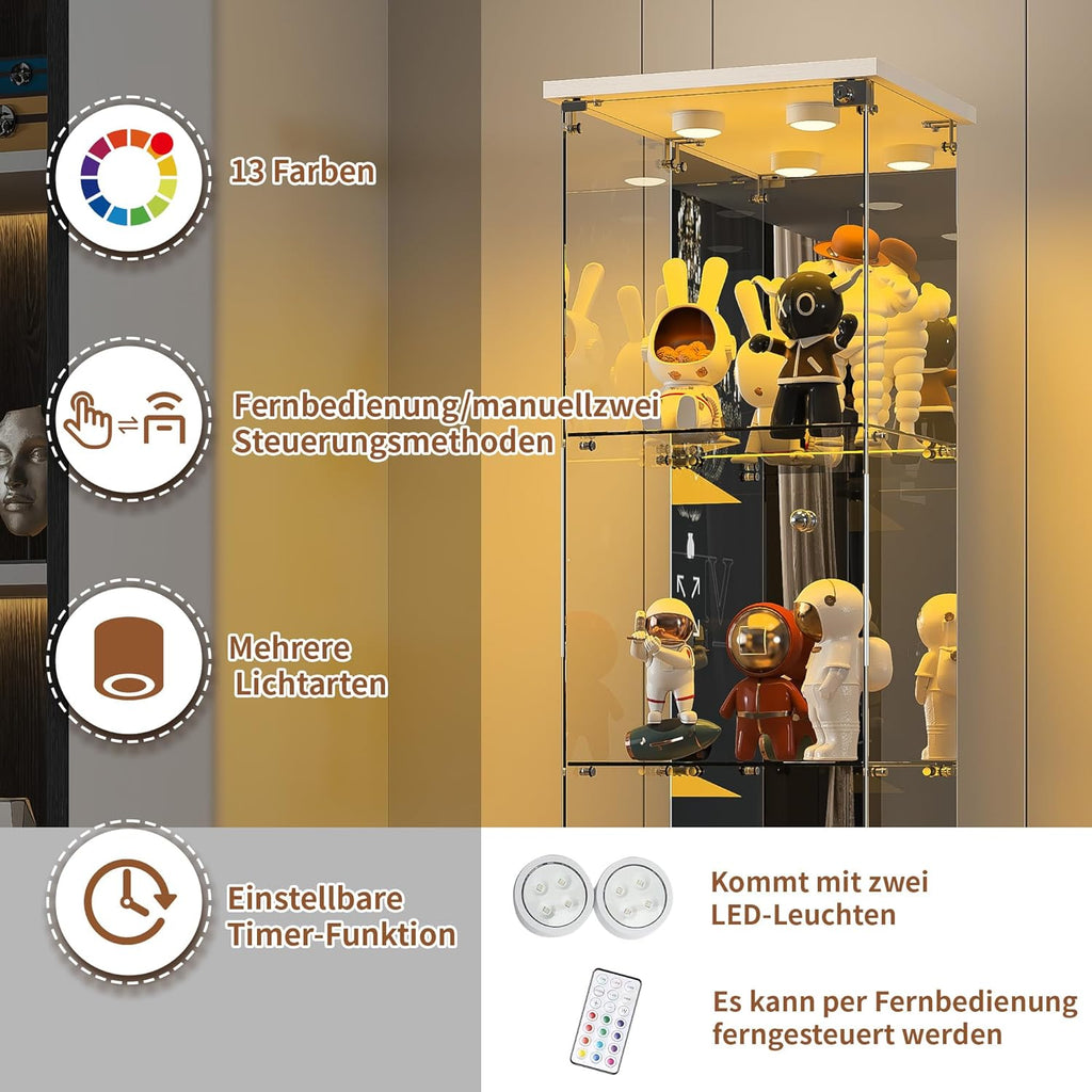Vitrine sur pied en verre à 4 couches - 1 porte - Lampe LED et serrure avec paroi arrière miroir - Armoire de salon pour objets de collection et livres - Blanc