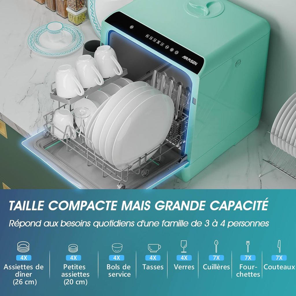 AIRMSEN Mini Lave-Vaisselle de Comptoir, 5+1 Programmes, Réservoir d'Eau de 5L, Contrôle Tactile et Écran LED, Adapté pour les Cuisines Familiales, Appartements et Dortoirs, Vert