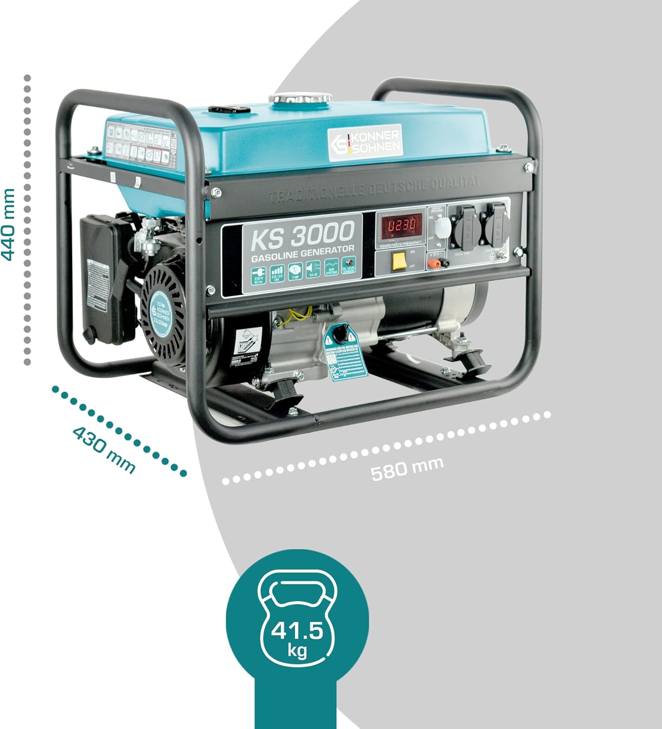 Groupe électrogène à essence 3000 puissance max 3000 W, prises Schuko 2x16A (230 V), EURO-V, régulateur de tension automatique (AVR),moteur électrique enroulement 100% cuivre,generateur de courant
