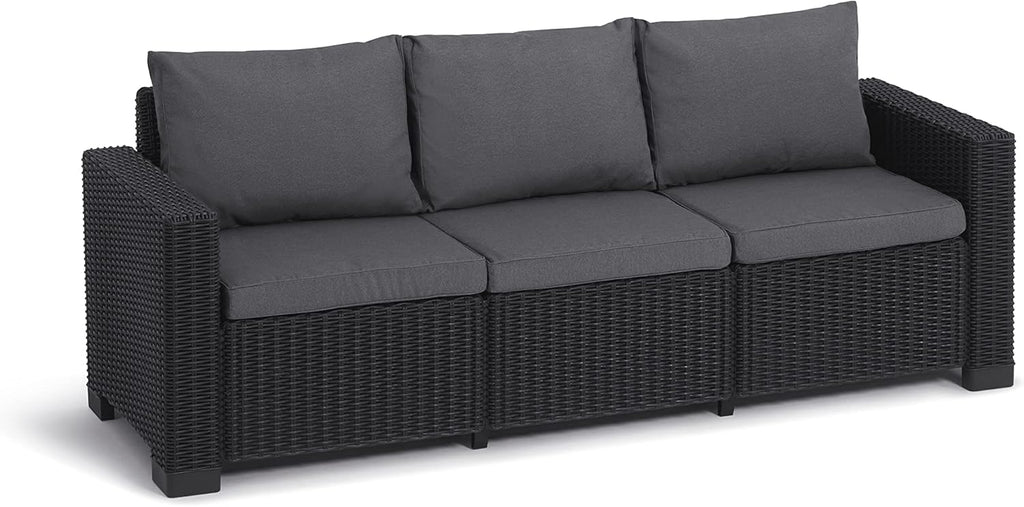 Allibert by Keter California Canapé de Jardin 3 Places avec Coussins d'assise et de Dossier, en Plastique, Aspect rotin, Rond, Graphite/Gris Froid, 199 x 68 x 72 cm