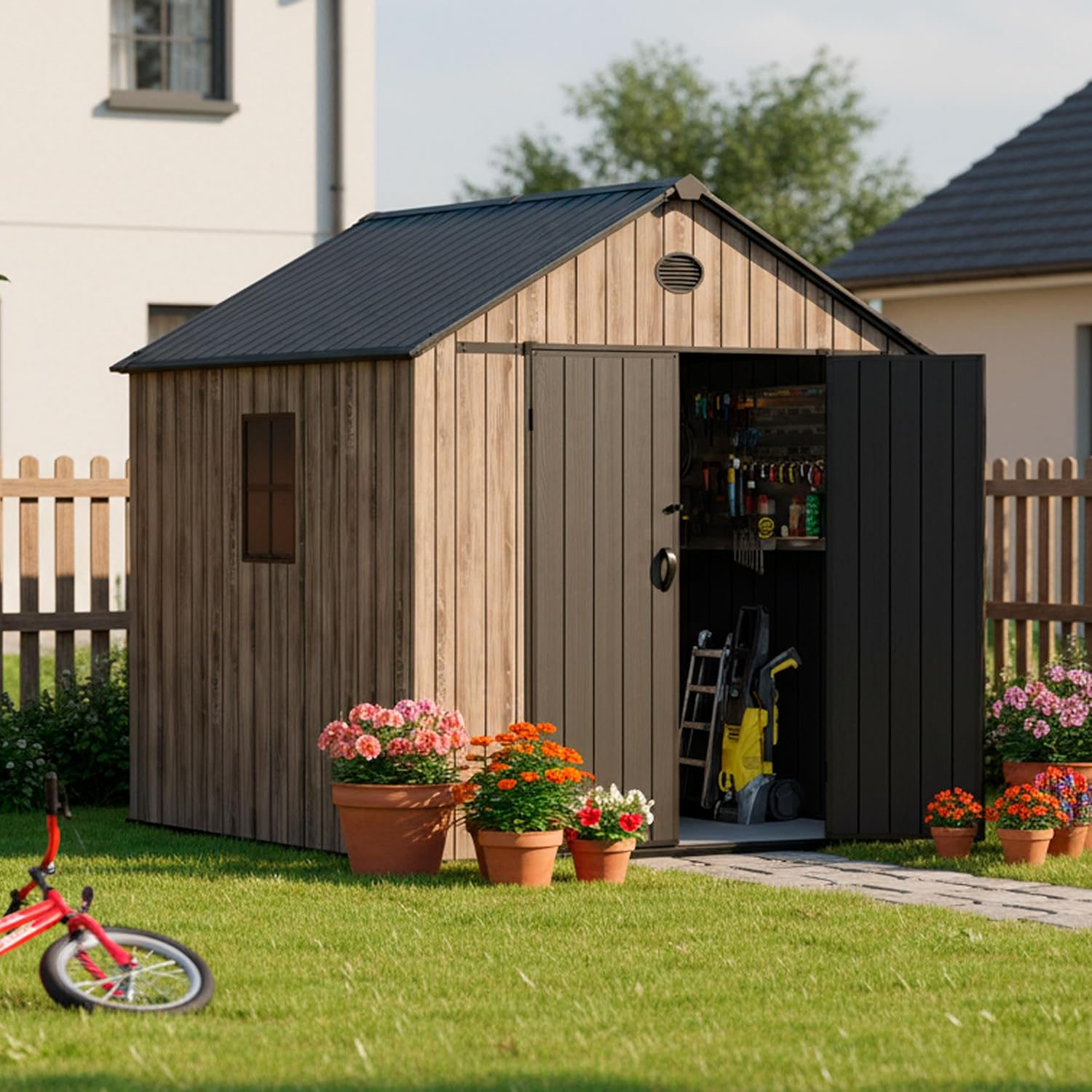 Hoggar Abri de jardin en résine 5,02 m² Oak O50 - Sol inclus - Fenêtre latérale - Aspect bois premium - Double porte large - Protection UV et imperméable - Fermeture par goupille - aérations