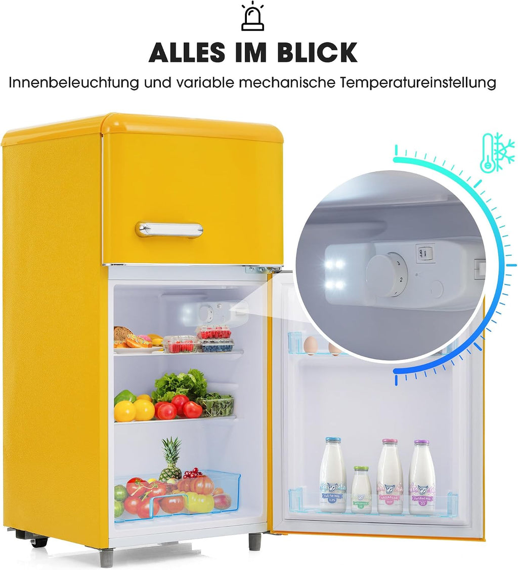 Réfrigérateur-congélateur Style rétro, Deux Portes, capacité Totale de 72 litres, Compartiment congélateur de 21 litres, consommation énergétique de 120 kWh/an, éclairage LED Yellow